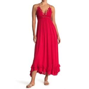 Free people Adella Maxi Bright Red Maxi Crochet Lace Dress Size Small